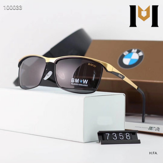 BMW X2 rectangular sunglasses in black and gold with gray gradient lenses