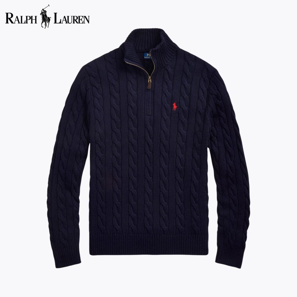 RL Chunky Cable-Knit Cotton Quarter-Zip Sweater RL Chunky Cable-Knit Cotton Quarter-Zip Sweater Slate Crown Blue Navy S 